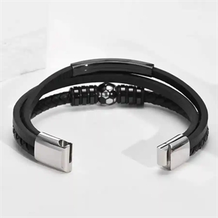 Schwarzes Fußballarmband aus echtem Leder und Edelstahl – Herrenschmuck mit sportlichem Design