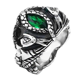 Herrenring aus Edelstahl mit grünem Stein und Schlangendesign – Emerald Serpent