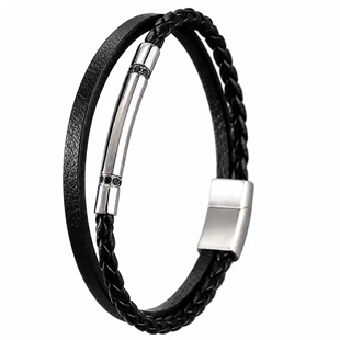 Atlas – Schwarzes Lederarmband mit glänzenden Stahldetails