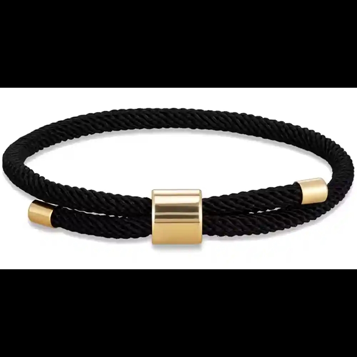 Schwarzes Herrenarmband aus Baumwolle mit vergoldetem Stahlverschluss, 18–20 cm