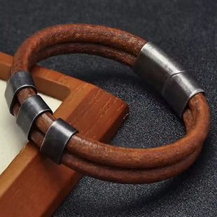 Braunes Herrenarmband aus Fiberleder mit Vintage-Stahl und Magnetverschluss – 6 mm Riemen