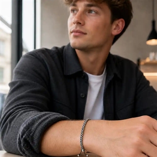 Sindre – schwarzes Armband aus Edelstahl und Baumwolle