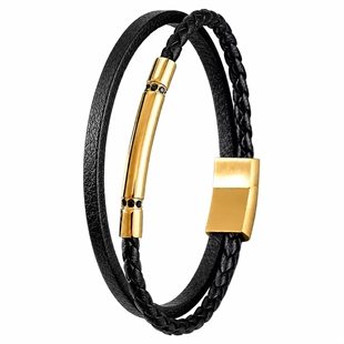 Atlas – Herrenarmband aus schwarzem Leder und vergoldetem Stahl