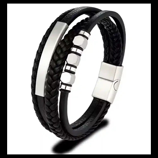 Herrenarmband aus schwarzem Kunstleder mit Edelstahl und Magnetverschluss