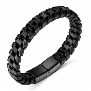 Schwarzes Nizal-Armband aus Stahl und Faserleder