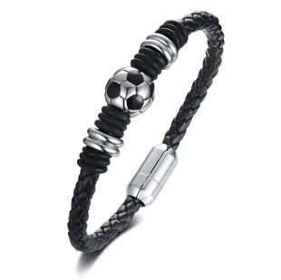 Fußballarmband aus schwarzem Leder mit Edelstahlkugel – Herrenschmuck für Fußballfans