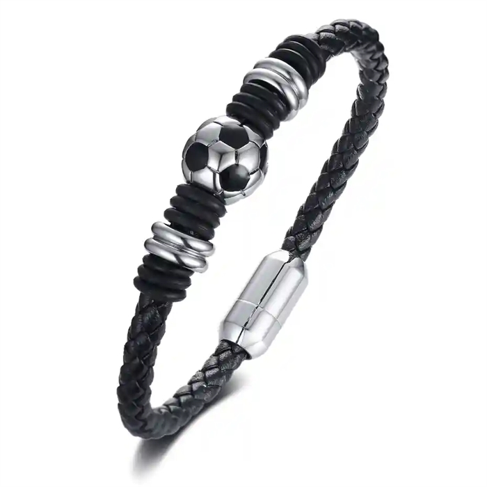 Fußballarmband aus schwarzem Leder mit Edelstahlkugel – Herrenschmuck für Fußballfans