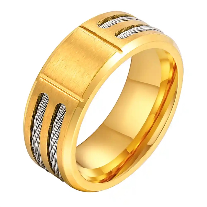 Designerring aus Stahlseil in vergoldetem Edelstahl.