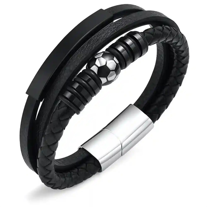 Schwarzes Fußballarmband aus echtem Leder und Edelstahl – Herrenschmuck mit sportlichem Design