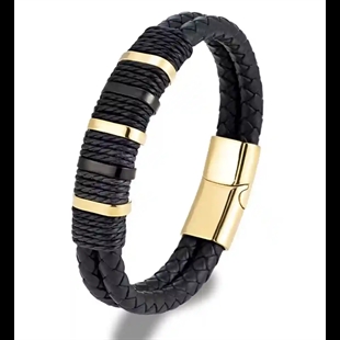 Herrenarmband aus schwarzem Bololeder mit vergoldetem Stahl und Magnetverschluss