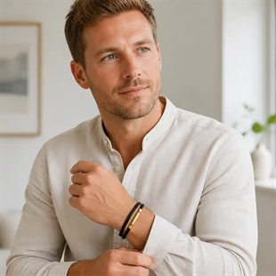 Atlas – Herrenarmband aus schwarzem Leder und vergoldetem Stahl