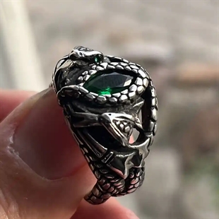 Herrenring aus Edelstahl mit grünem Stein und Schlangendesign – Emerald Serpent
