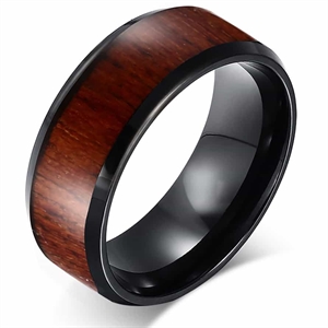 Schwarzer Tungsten Ring mit Holzintarsie