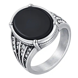Herrenring aus Edelstahl mit schwarzem Achaten und detaillierten Stahlsseiten – Black Agate Power Ring.