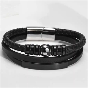 Schwarzes Fußballarmband aus echtem Leder und Edelstahl – Herrenschmuck mit sportlichem Design