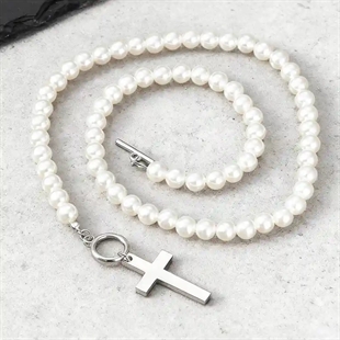 Perlenkette für Männer mit weißen Perlen und Kreuzanhänger