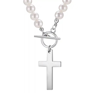 Perlenkette für Männer mit weißen Perlen und Kreuzanhänger