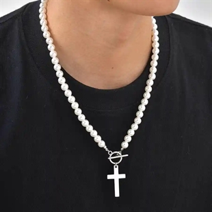 Perlenkette für Männer mit weißen Perlen und Kreuzanhänger