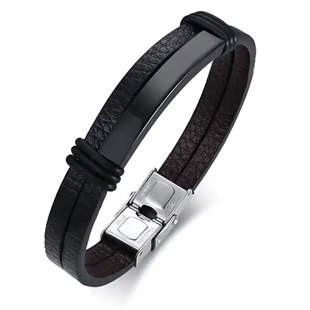 Herrenarmband aus schwarzem Leder mit Blackcoat-Edelstahl und Magnetverschluss – 20,5 cm