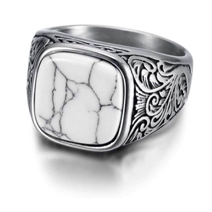 Ring im weißen Kubal-Design aus Edelstahl und weißem Stein.