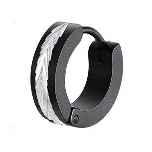 Schwarzer rostfreier Stahl Ohrring mit silber geriffelter Mitte – Black Steel Groove Hoop