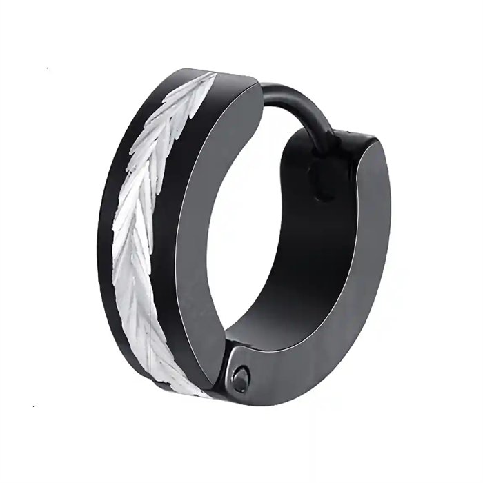 Schwarzer rostfreier Stahl Ohrring mit silber geriffelter Mitte – Black Steel Groove Hoop