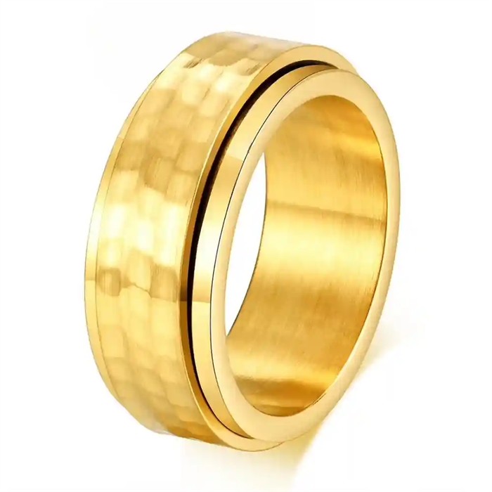 Vergoldeter Spinning Ring für Männer in Edelstahl mit gehämmerter Oberfläche – 8 mm